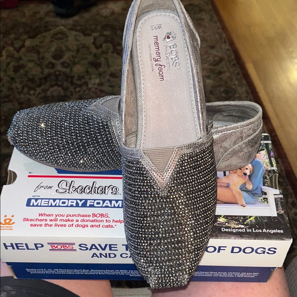 Skechers Bob’s Women's Pewter Sparkle Slip-On Flats with Memory Foam
